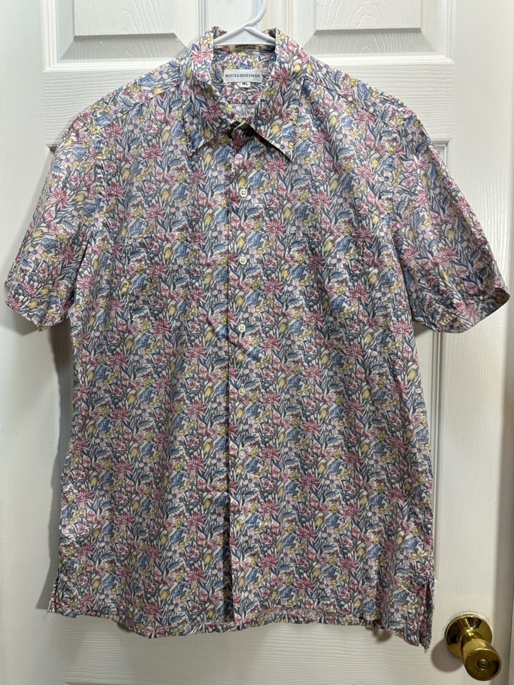 Maus& Hoffman Short-Sleeve Floral Button-Down Shirt in Pink and Blue